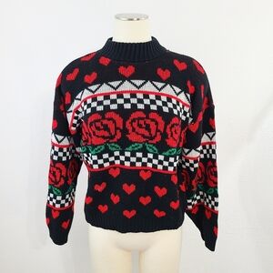 Vintage 80s Hearts and Roses Sweater red black ADELE Knitwear